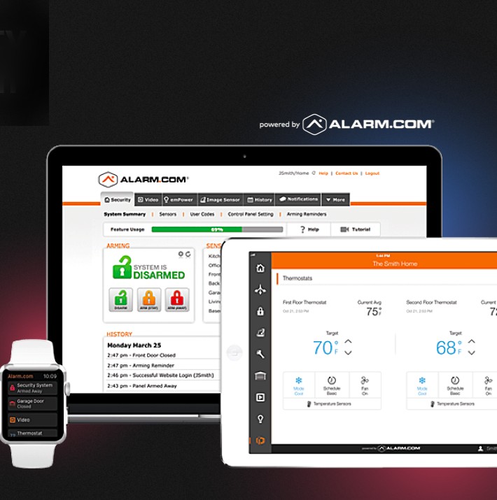 Alarm.com remote management on a laptop, tablet, and watch, showing arming, sensors, thermostats, and alerts
